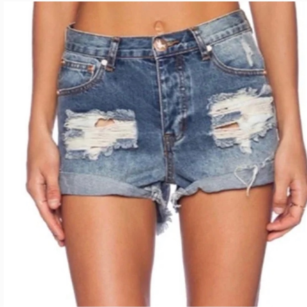 ONE TEASPOON medium wash high rise distressed Hawks denim shorts 27